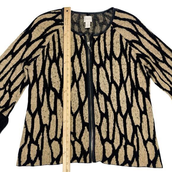 Chico's Jacket Womens 1 Beige Black Vintage Faux Fur Trimmed Zipper Chic Sweater - Picture 12 of 16